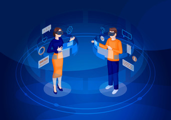 Virtual reality players isometric vector illustration