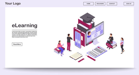 E learning webpage vector template with isometric illustration