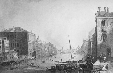 The view of the big channel in Venice by Canaletto engraved in the vintage book the Painting Galleries of Europe, by M.O. Wolf, 1863