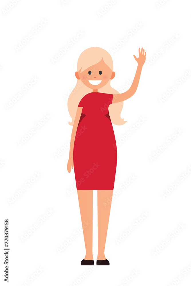 Front view animated character. Designer character. Cartoon style, flat vector illustration of smiling girl with long blonde hair in red dress. Standing woman with hand up. Greeting. Stock Vector | Adobe Stock Front view animated character. Designer character. Cartoon style, flat vector illustration of smiling girl with long blonde hair in red dress. Standing woman with hand up. Greeting. Stock Vector | Adobe Stock