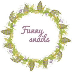 Wreath of gold and violet grapes with leaves and cute snails. Decorative grapes with funny snails for your decorating.