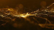 Abstract Gold Color Digital Particles Wave With Bokeh And Light Background