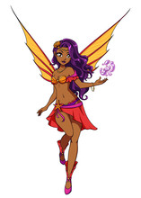 Cute Cartoon Fairy With Purple Hair And Orange Wings. Red Dress. Hand Drawn Vector Illustration.