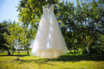 Wall Mural - Beautiful bridal lace dress is hanging on the green tree. Stylish clothes for wedding ceremony outdoors.