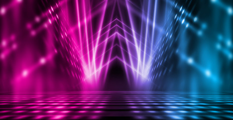 background of empty stage show. neon blue and purple light and laser show. laser futuristic shapes o