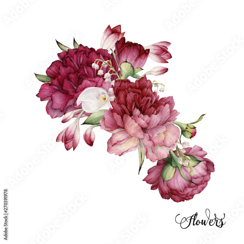 Bouquet of peonies, watercolor, can be used as greeting card, invitation card...