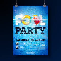 Poster - Summer pool party poster design template with water, beach ball and float on blue tiled background. Vector holiday illustration for banner, flyer, invitation, poster.