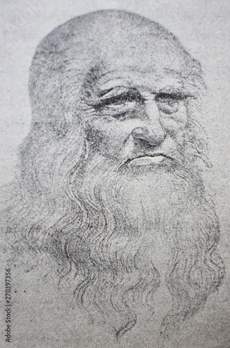 Naklejki Leonardo da Vinci  portret-starego-leonarda-da-vinci-w-zabytkowej-ksiazce-leonardo-da-vinci-autorstwa-m-sumtsova