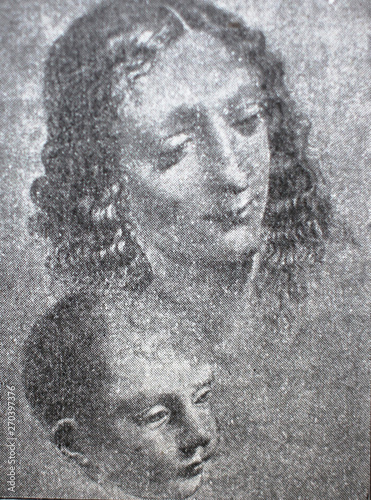 Fototapety Leonardo da Vinci  glowa-kobiety-i-dziecka-leonarda-da-vinci-w-zabytkowej-ksiazce-leonardo-da-vinci