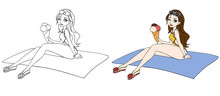 Young Woman Sunbathing On A Beach. Girl Relaxing On A Beach Mat On A Tropical Beach With Ice Cream. Hand Drawn Vector Contour Art. Can Be Used For Coloring Books, Cards, Games, Tattoo, Stickers Etc.