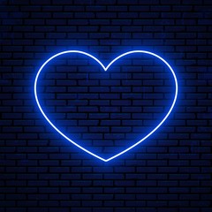 Poster - Neon heart sign isolated on brick wall background. Bright neon sign, icon, symbol. Vector glowing heart icon.