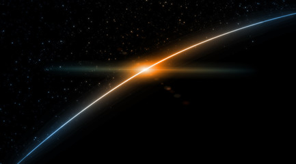 Poster - 3d rendering of earth from space with run rising and ray light flare at horizon among glowing stars 