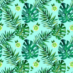 Watercolor seamless pattern with tropical leafs. Exotic fresh pattern isolated