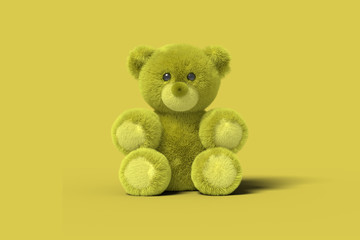 Yellow toy bear is sitting on the floor on a yellow background. Abstract image. Minimal concept toys business. 3D render.