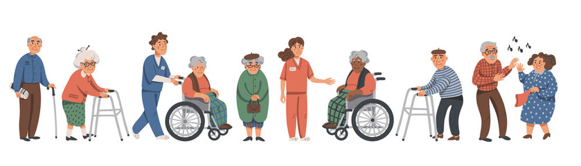 elderly people and social workers. grandparents and nurses on a white background. vector illustratio