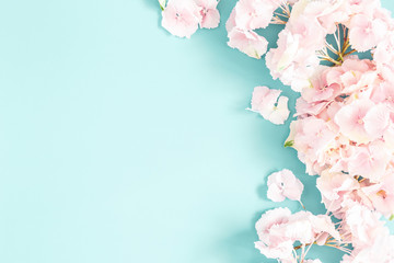 flowers composition. frame made of pink and white flowers on pastel blue background. flat lay, top v
