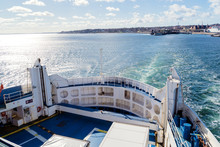 View Over Board Of Passenger Ferry Between Denmark And Sweden Over Blue Sea And Waves. Scandinavia Cruise Travel Concept.