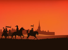 Group Of Medieval Knight Guards Riding Horses In The Field With Castle City Silhouette In The Background - Vector Middle Ages Scene