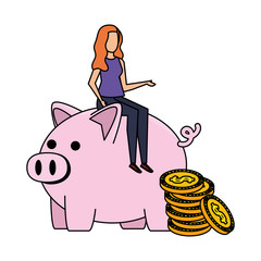 young woman seated in piggy savings with coins money