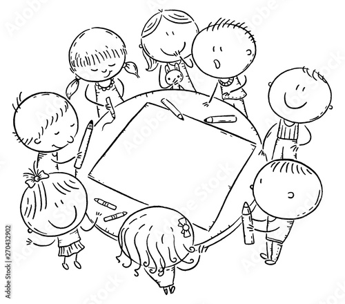 Doodle kids drawing together, black and white