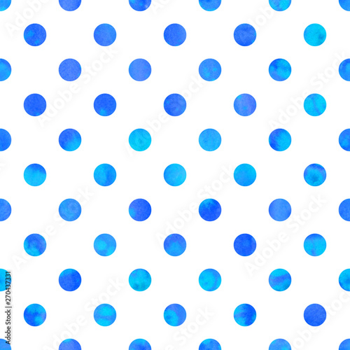 Cotton fabric Polka Dot Seamless Texture.Blue watercolor circles.