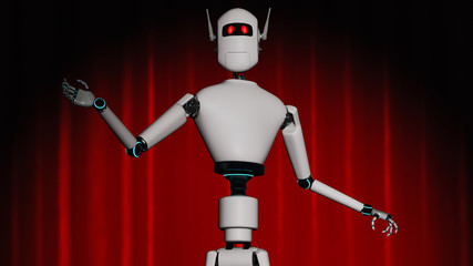 A robot stands on a stage with a red curtain (3d rendering)