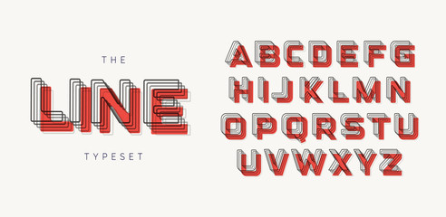 Poster - Modern style geometric font. Contour alphabet of the lines with blend effect and red spot/shadow. Bold tagline letters.