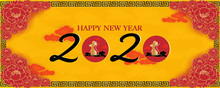 Happy Chinese New Year 2020 With Golden Rat Zodiac Paper Cut, Red Flower Blooming And Chinese Pattern Border Line With Red Background, Chinese New Year Greetings Card, Invitation And Banner