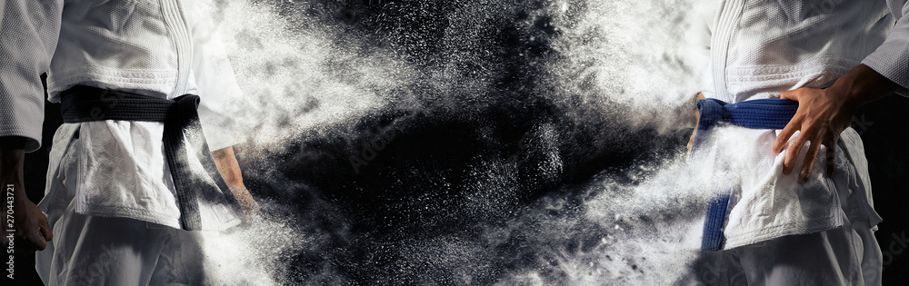 Αφίσα Guy poses in white kimono with black, blue belt