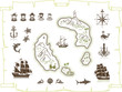Sailing ships and Isle Map silhouettes and marine symbols set