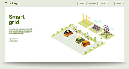 Electric vehicle charge station webpage vector template with isometric illustration