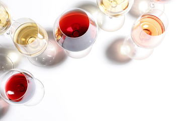 Wall Mural - Different glasses with wine on white background, top view