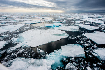 dramatic wide angle view of arctic ice floes breaking up taken at sea. climate crisis - image