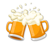 Two Glasses Of Beer Clink Together On A White Background.