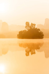 Wall Mural - Scenery of tropical lake in the morning mist.