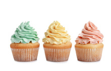 Delicious Cupcakes With Cream On White Background
