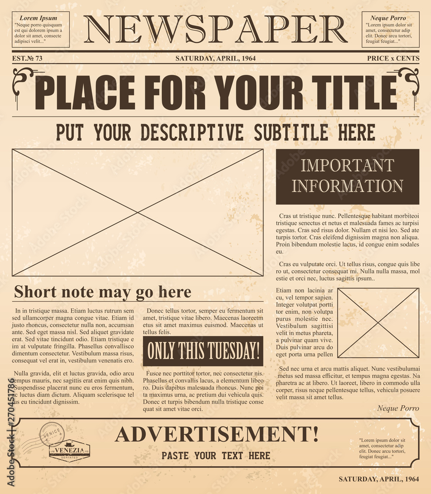 Vector illustration of retro newspaper with old style fonts and vintage effect. Place for pictures and text in vintage newspaper. - obrazy, fototapety, plakaty 