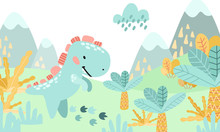 Greeting Card. Prehistoric Period. Cartoon Scandinavian Vector Illustration. For Children's Parties, Parties. Cute Childish Landscape In The Afternoon With Dinosaurs, Mountains, Palm Trees, Plants, Fl