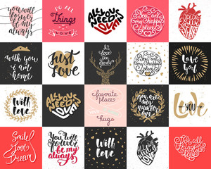 Sticker - Set of 20 vector love and romantic lettering posters, greeting cards, decoration, prints, t-shirt design. Hand drawn typography. Handwritten lettering. Modern ink brush calligraphy.