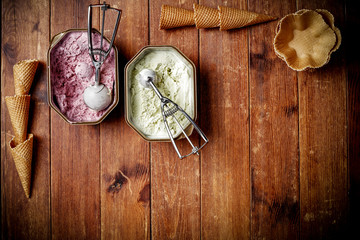 Wall Mural - Aerial view of cold ice cream and kitchen desk 