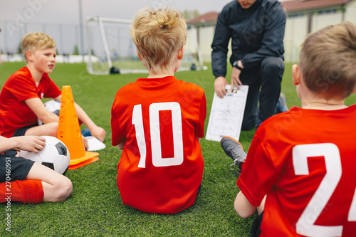 Soccer Game Day Management. Coach Coaching Youth Soccer Team. Boys Listening ...