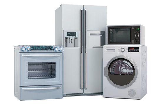 Set of silver kitchen appliances. Washing machine, fridge, gas stove, microwave oven. 3D rendering