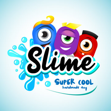 Cartton Slime logo. Cartoon monster slime characters with letters with blots, splashes and smudges. Drops slime isolated on white background.