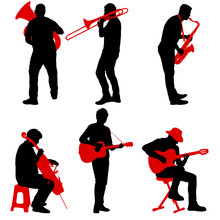 Silhouettes Street Musicians Playing Instruments On A White Background