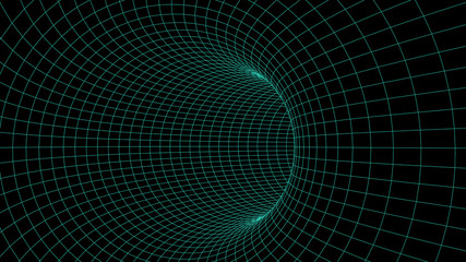 Fototapete - Wireframe abstract tunnel. 3D vector wormhole with a mesh structure.