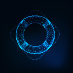 Futuristic glowing low polygonal life buoy isolated on dark blue background.