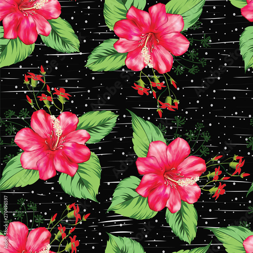 Tropical beautiful red  flower with leave seamless pattern