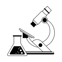 Poster - Microscope and chemistry flask in black and white