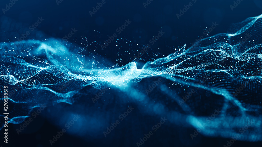 Abstract blue color digital particles wave with bokeh and light background - obrazy, fototapety, plakaty 