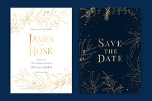 Navy Blue Wedding Invitation, Floral Invite Thank You, Rsvp Modern Card Design In Golden Text And  Leaf Greenery  Branches Decorative Vector Elegant Rustic Template